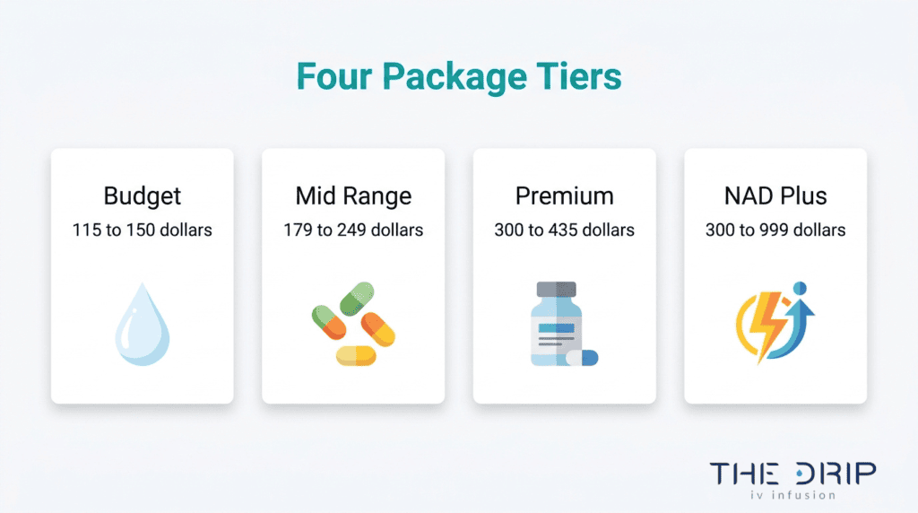 Four IV therapy package tiers showing budget, mid range, premium, and NAD plus pricing