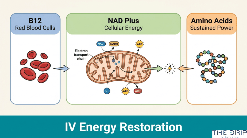 IV energy restoration diagram showing B12, NAD plus, and amino acids supporting red blood cells, mitochondria, ATP production, and cellular energy