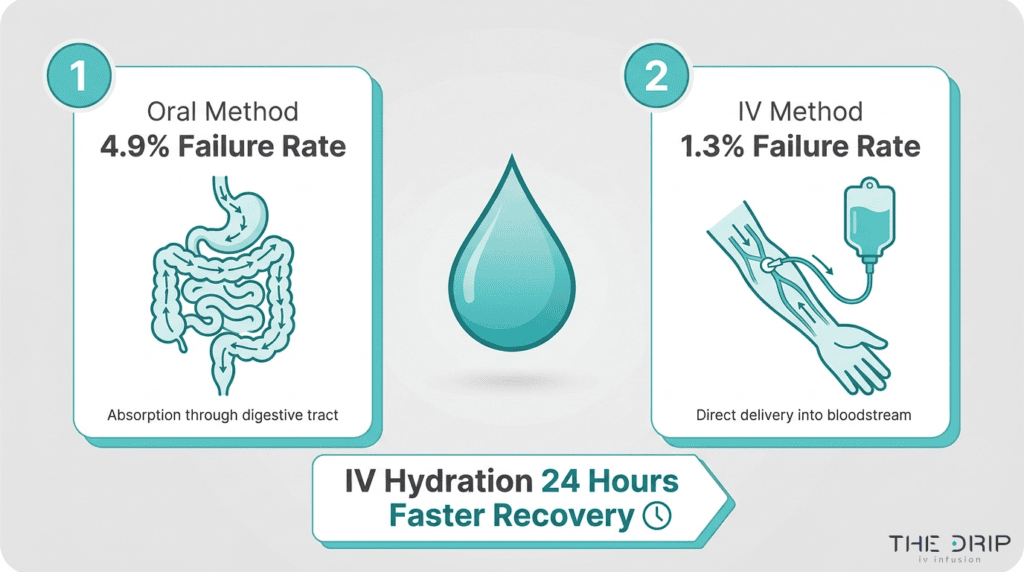 IV hydration versus oral hydration comparison chart showing digestive absorption, direct bloodstream delivery, lower IV failure rate, and faster recovery