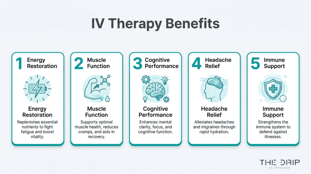 IV therapy benefits chart showing energy restoration, muscle function, cognitive performance, headache relief, and immune support