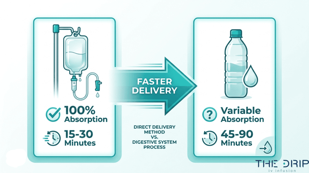 IV hydration vs oral hydration comparison showing faster delivery, 100 percent absorption, and shorter treatment time