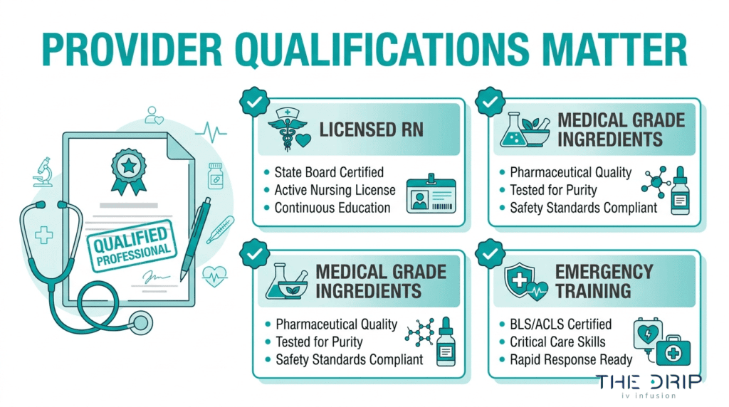 Mobile IV therapy provider qualifications checklist with licensed RN, medical grade ingredients, emergency training, and safety standards