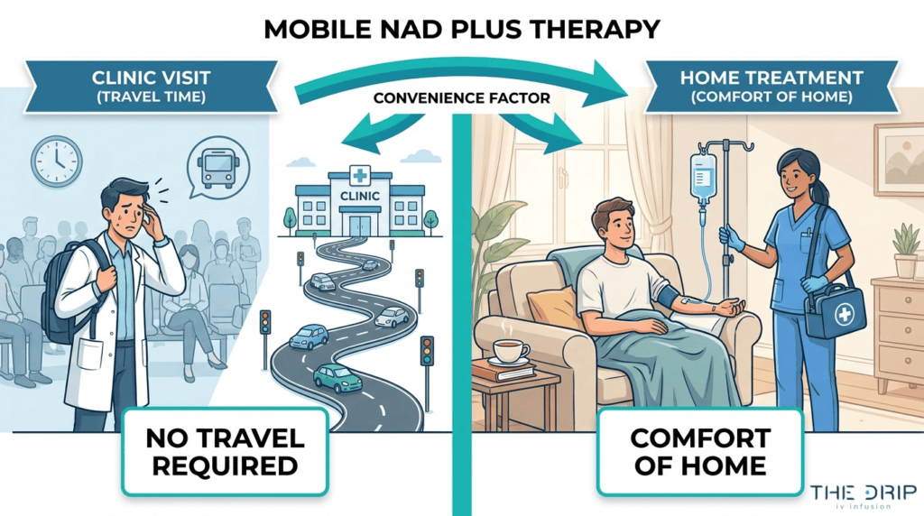 Mobile NAD Plus IV therapy comparison showing clinic travel time versus convenient home treatment with no travel required