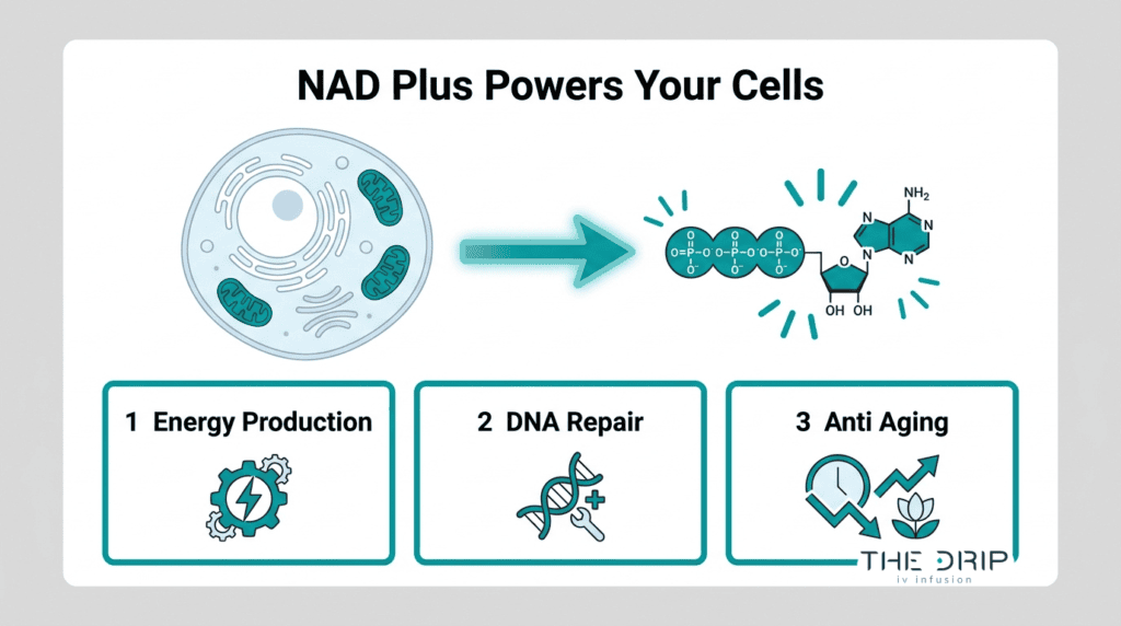 NAD Plus cellular energy diagram showing energy production, DNA repair, and anti-aging support inside the body’s cells