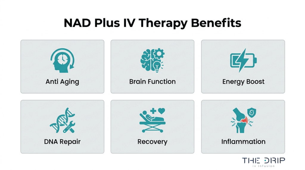 NAD Plus IV therapy benefits chart showing anti-aging support, brain function, energy boost, DNA repair, recovery, and inflammation support