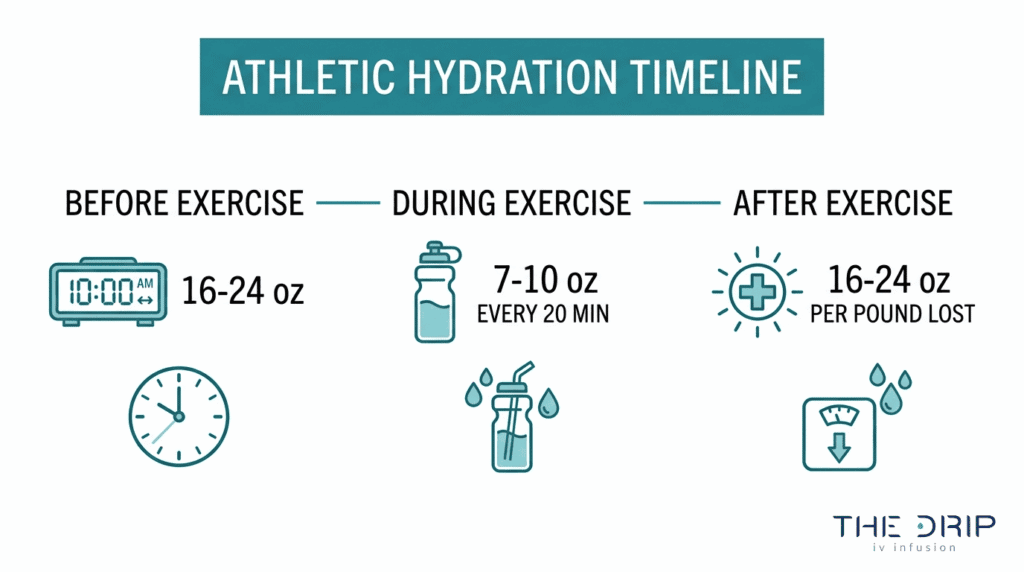 Athletic hydration timeline showing fluid intake recommendations before, during, and after exercise