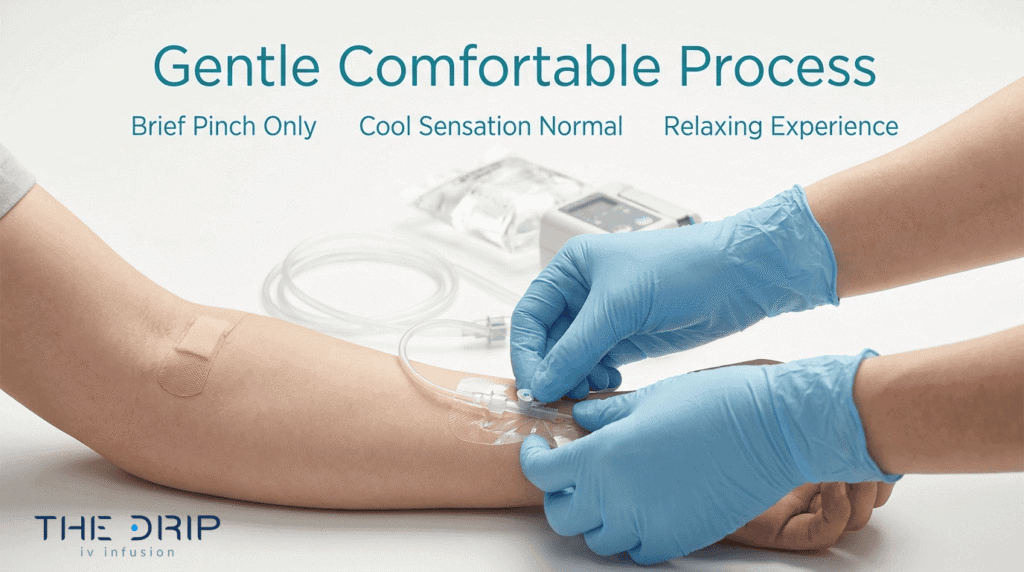 Gentle IV infusion process showing a nurse placing an IV with brief pinch, cool sensation, and relaxing treatment experience
