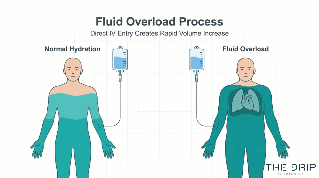 Fluid overload process diagram comparing normal hydration with excess IV fluid buildup in the body