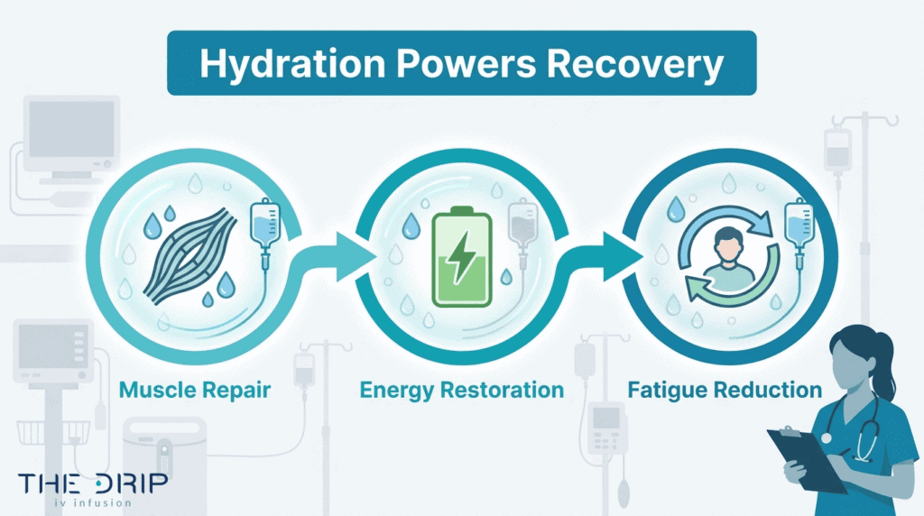 Hydration recovery process diagram showing muscle repair, energy restoration, and fatigue reduction for athletic performance