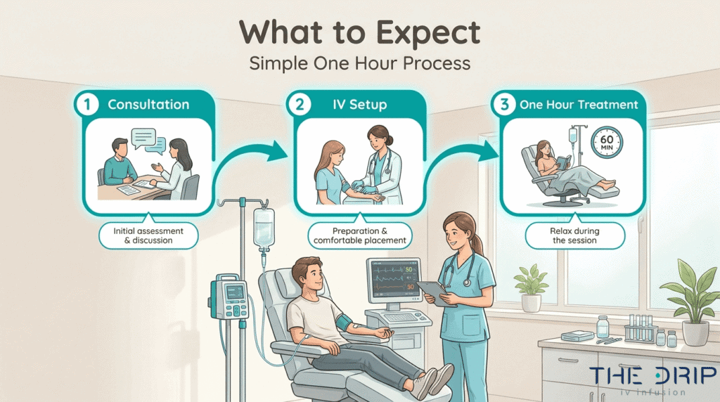 Immune booster IV therapy process showing consultation, IV setup, and one-hour treatment steps