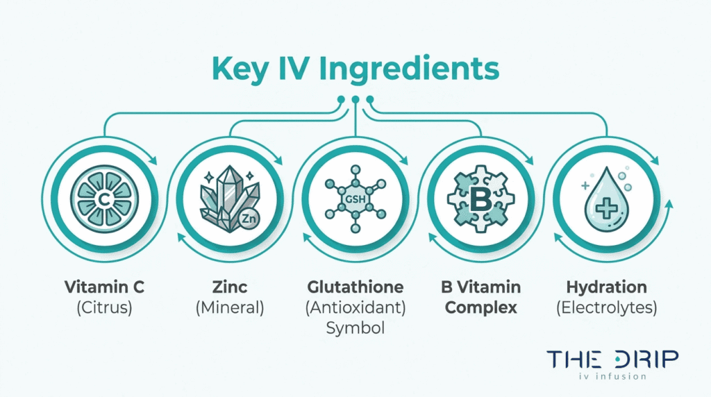 Key IV therapy ingredients chart showing vitamin C, zinc, glutathione, B vitamin complex, and hydration electrolytes