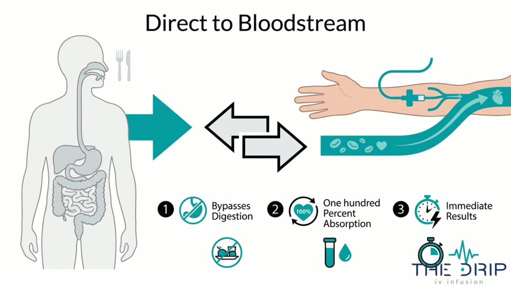Direct-to-bloodstream IV therapy diagram showing bypassed digestion, full absorption, and immediate results