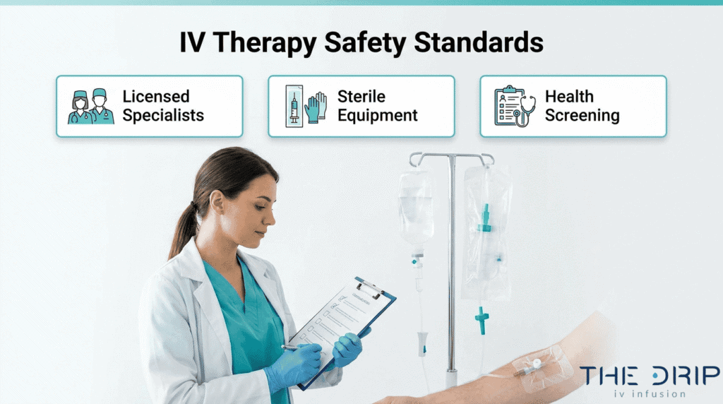 IV therapy safety standards showing licensed specialists, sterile equipment, and health screening protocols