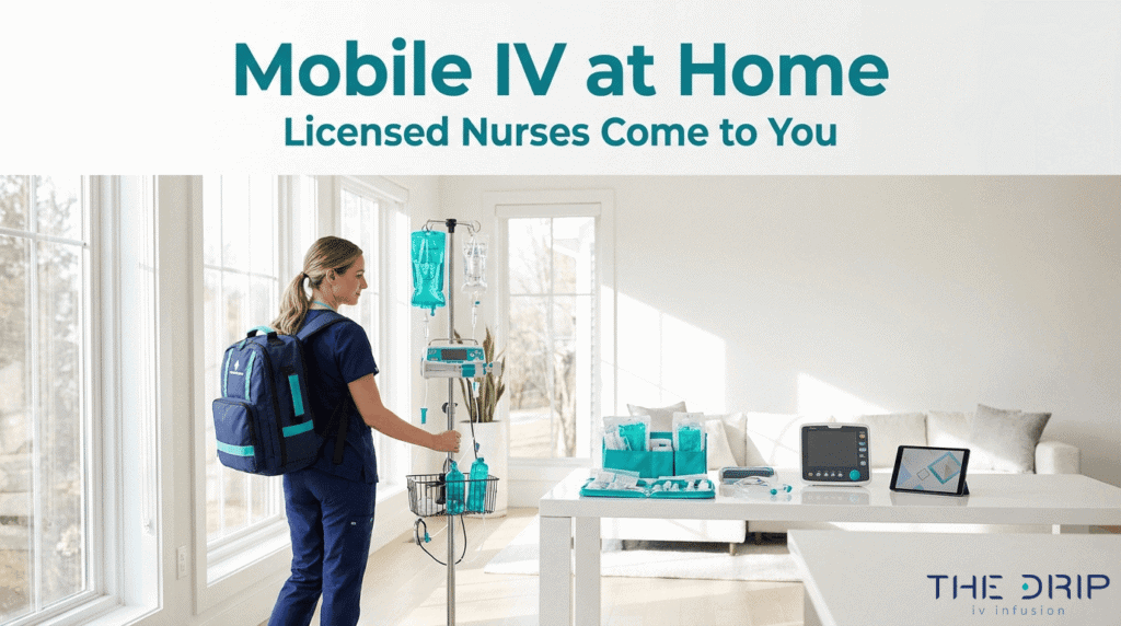 Licensed nurse providing mobile glutathione IV therapy at home with IV equipment and wellness supplies