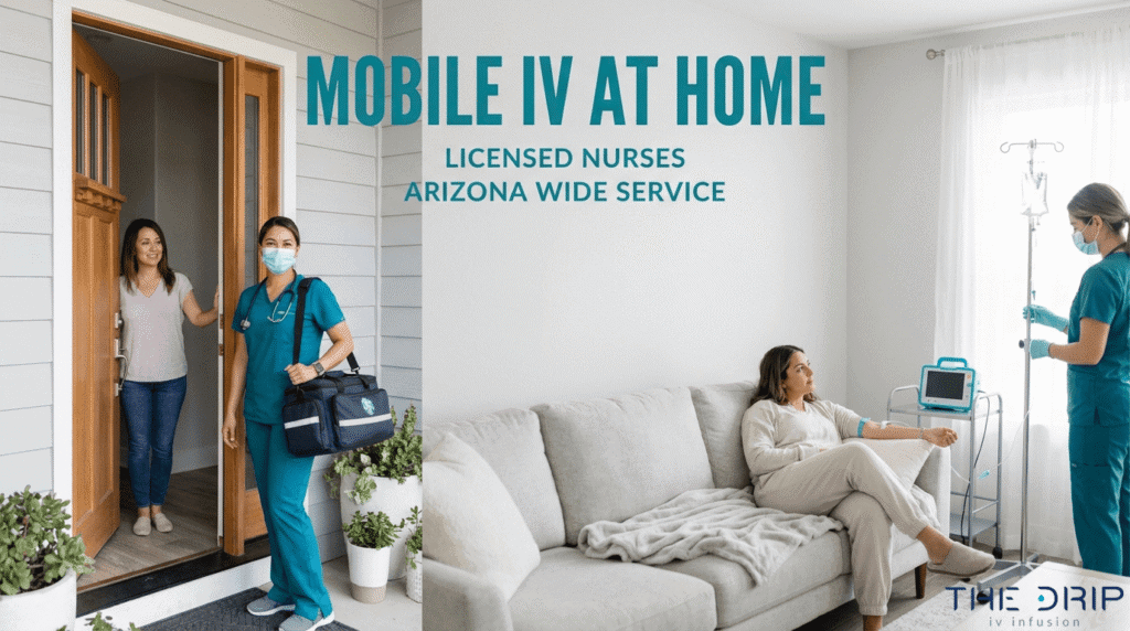 Mobile IV at home service in Arizona with licensed nurses arriving and administering IV therapy in a living room