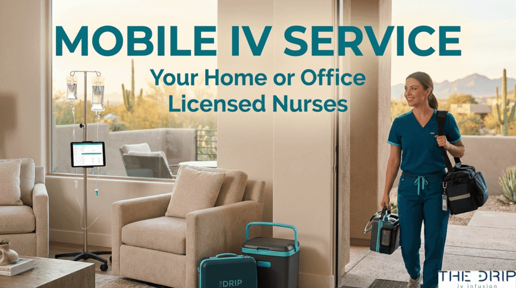 Mobile IV service at home or office with licensed nurse arriving with IV therapy equipment