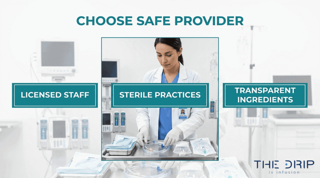 Safe IV therapy provider selection guide showing licensed staff, sterile practices, and transparent ingredients