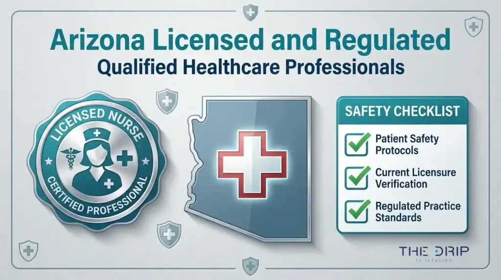 Arizona licensed mobile IV therapy infographic showing qualified healthcare professionals, patient safety protocols, licensure verification, and regulated standards.