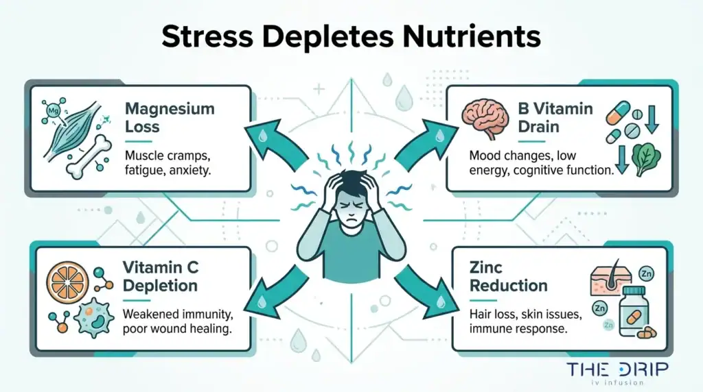 Stress depletes nutrients infographic showing magnesium loss, B vitamin drain, vitamin C depletion, and zinc reduction from chronic stress.