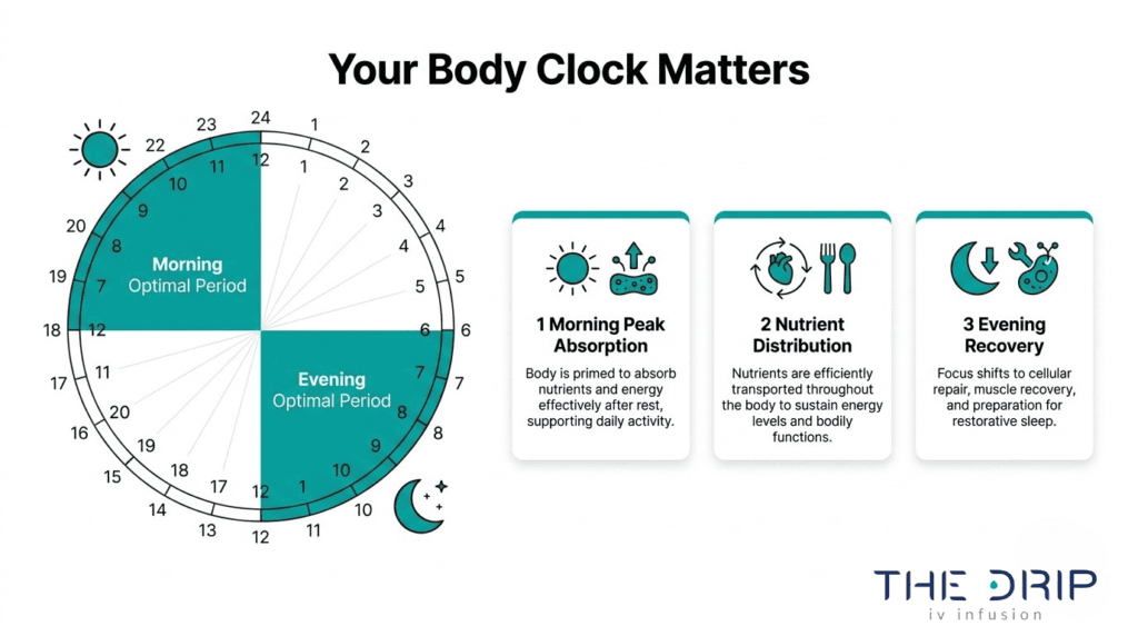 Body clock infographic showing morning and evening as optimal IV therapy periods for nutrient absorption, distribution, and recovery.