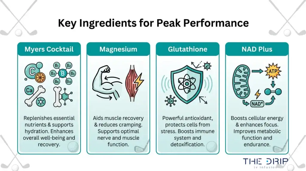 IV drip ingredients for golf performance infographic showing Myers Cocktail, magnesium, glutathione, and NAD Plus for hydration, recovery, and endurance.