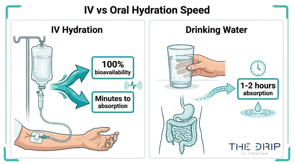 IV hydration vs drinking water speed comparison infographic showing IV absorption in minutes and oral hydration absorption in 1–2 hours.