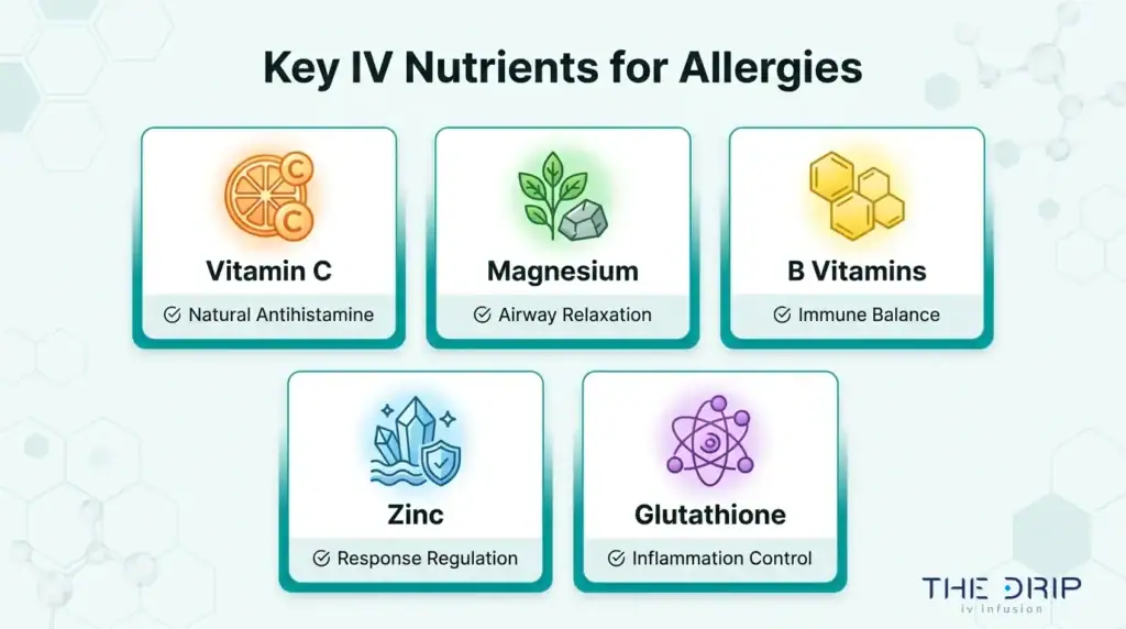 Key IV nutrients for allergies infographic showing vitamin C, magnesium, B vitamins, zinc, and glutathione for immune and inflammation support.