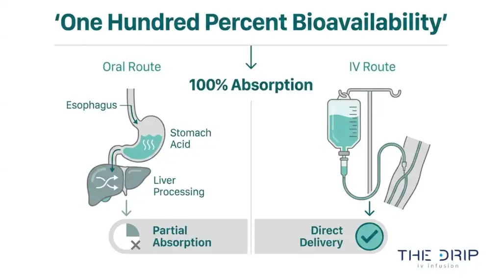 IV therapy bioavailability infographic comparing partial oral absorption with 100% IV absorption through direct nutrient delivery.