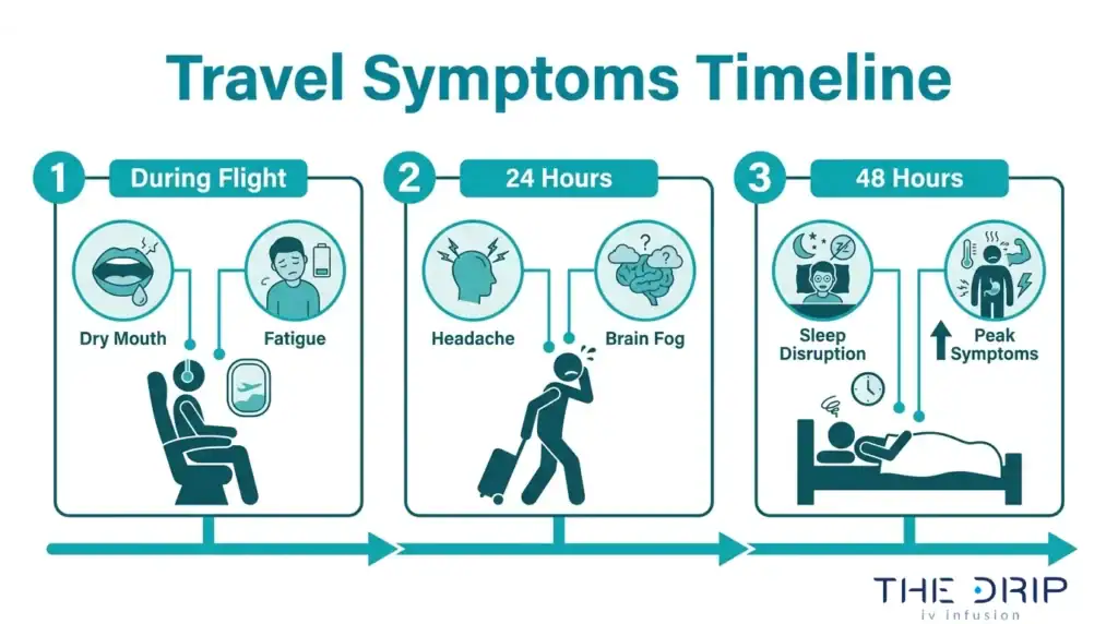 Travel symptoms timeline infographic showing dry mouth, fatigue, headache, brain fog, sleep disruption, and peak symptoms after travel.