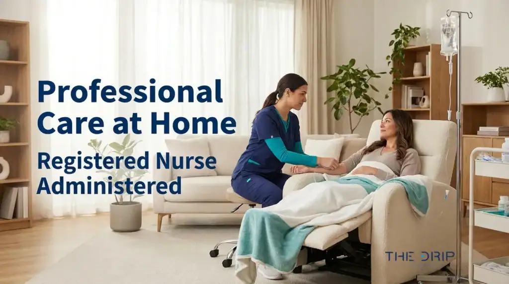 Mobile IV therapy nurse providing professional at-home care with registered nurse administered allergy support treatment.
