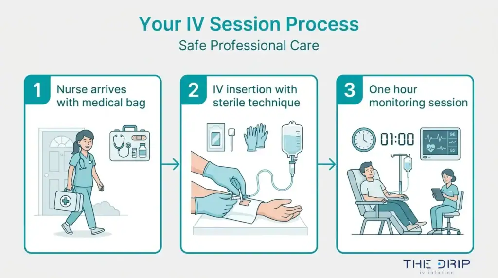 Mobile IV therapy session process infographic showing nurse arrival, sterile IV insertion, and one-hour monitoring.
