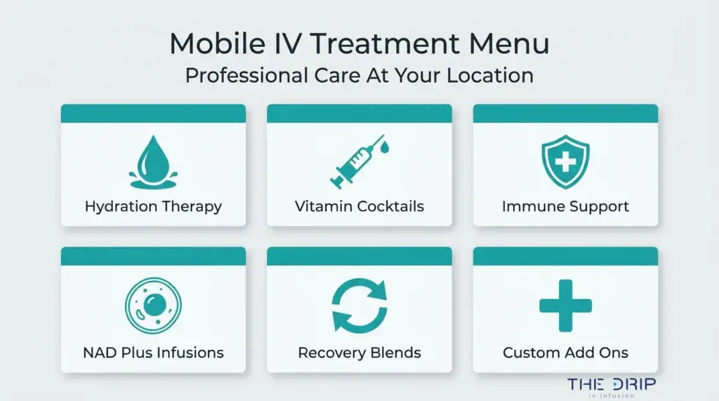 Mobile IV treatment menu infographic featuring hydration therapy, vitamin cocktails, immune support, NAD plus infusions, recovery blends, and custom add-ons.