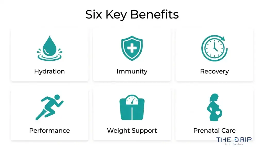 Six key benefits of IV therapy infographic showing hydration, immunity, recovery, performance, weight support, and prenatal care.