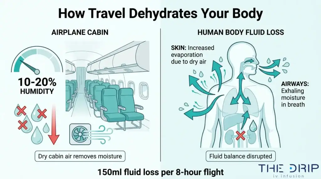 Travel dehydration infographic explaining how low airplane cabin humidity causes fluid loss through skin and airways.
