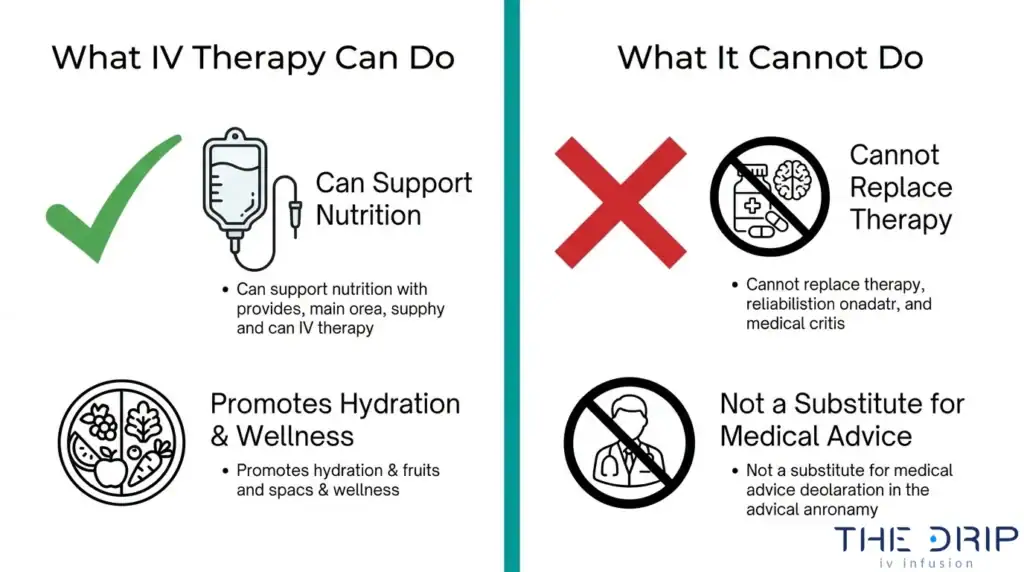 Comparison infographic showing what IV therapy can and cannot do, including hydration and nutrition support benefits while emphasizing that it does not replace therapy, rehabilitation, or medical advice.