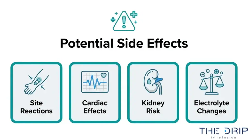 Infographic outlining potential IV therapy side effects, including injection site reactions, cardiac effects, kidney risks, and electrolyte changes.