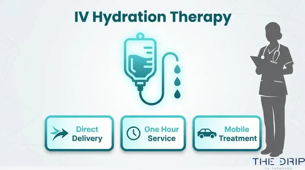 IV hydration therapy infographic showing direct fluid delivery, one-hour service, and mobile IV treatment for hangover recovery.