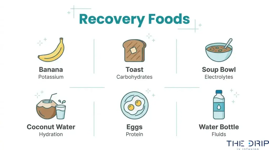 Hangover recovery foods infographic featuring bananas, toast, soup, coconut water, eggs, and water for hydration and nutrition.