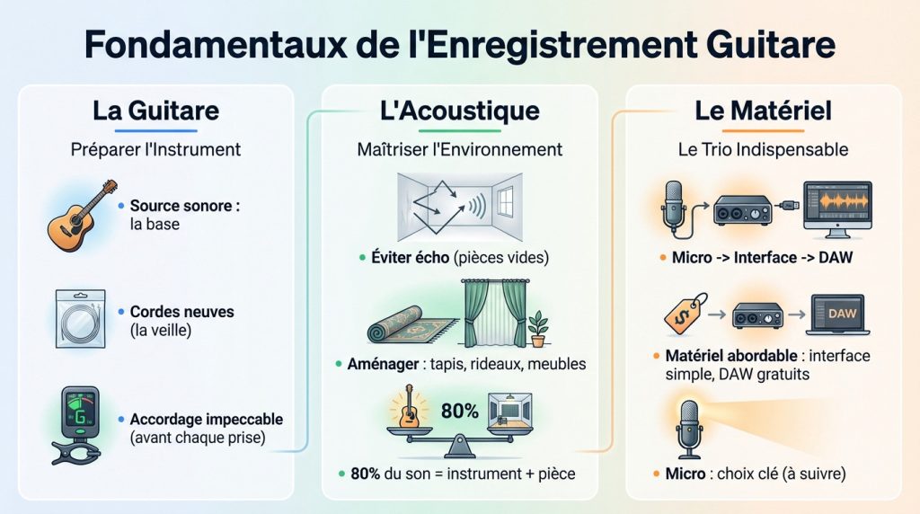Musicien préparant sa guitare acoustique pour un enregistrement en home studio