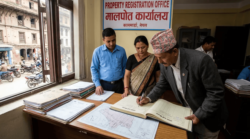 Official registering property documents at Nepal land revenue office (Malpot Karyalaya).