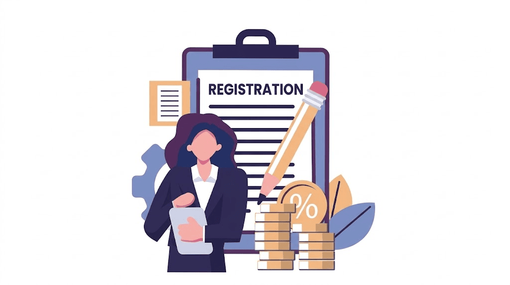 Business woman filling out registration form with rate, percentage coin icon illustration.
