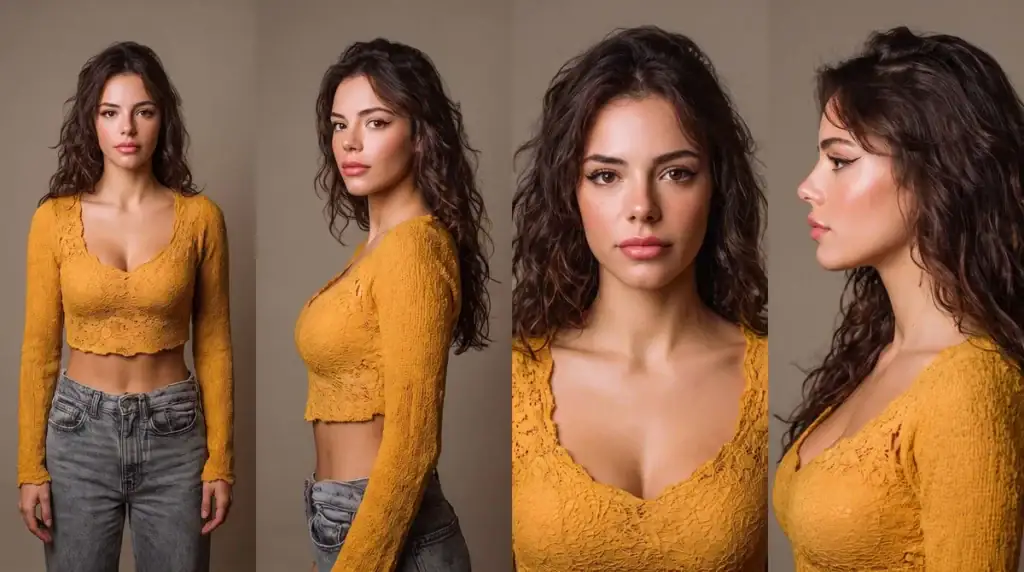 Foto di partenza: Lia in quattro viste: intera, di tre quarti, primo piano e profilo, top giallo · Orecchiette in volo