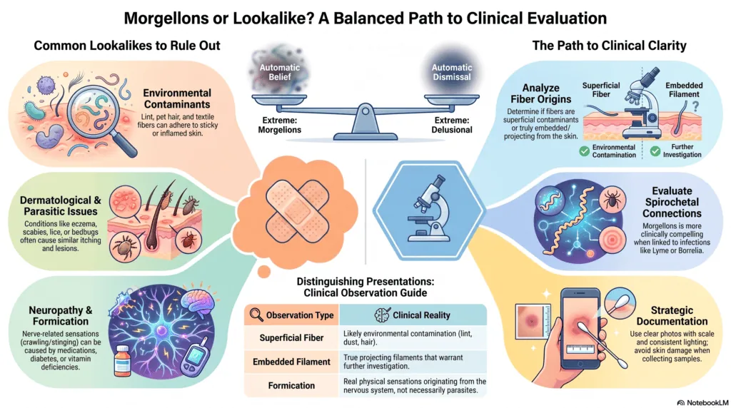 Infographic showing a balanced clinical evaluation of Morgellons lookalikes, including contaminants, skin conditions, neuropathy, fiber origins, and spirochetal connections.