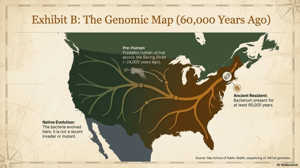 Illustration conveying that genomic evidence shows Lyme disease in North America 60,000 years ago