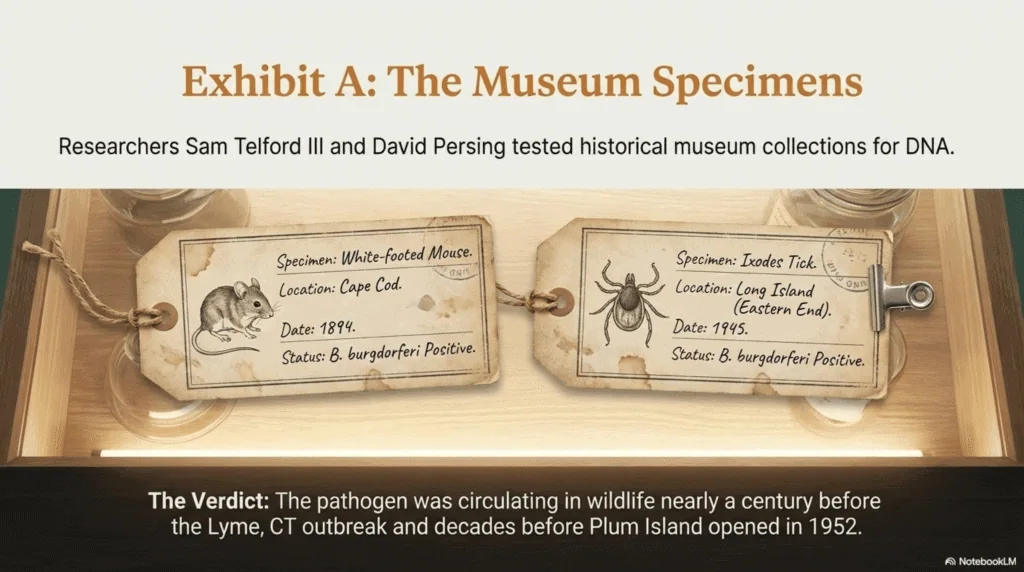 Illustration conveying that evidence from 19th century mice shows Lyme disease predates Plum Island