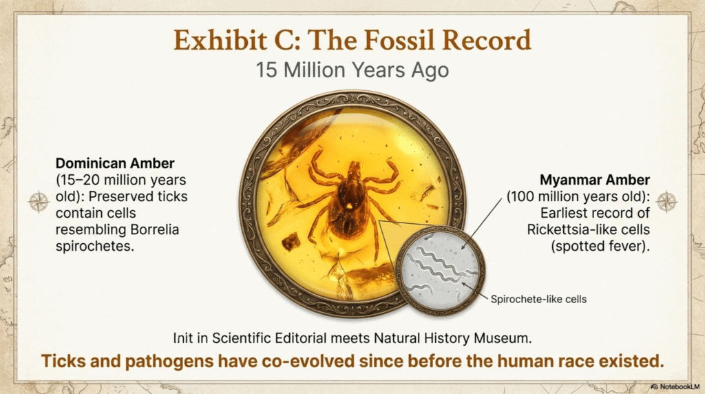Illustration conveying evidence ticks harbored Lyme disease 15,000,000 years ago