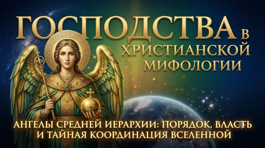 Обложка с текстом Господства в христианской мифологии и ангелом в золотых доспехах.