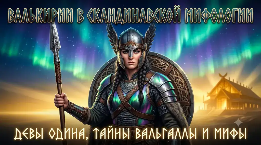 Обложка с валькирией в крылатом шлеме и текстом Валькирии в скандинавской мифологии.