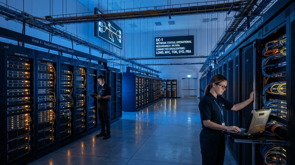 Technicians inspect server racks beneath a display reading DC-1 network status operational.