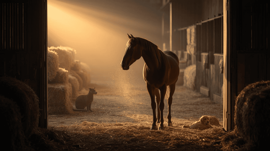Chien, chat et cheval au repos dans un espace lumineux et calme, zones de couchage confortables et jouets sensoriels discrets pour une routine bien-être sereine.